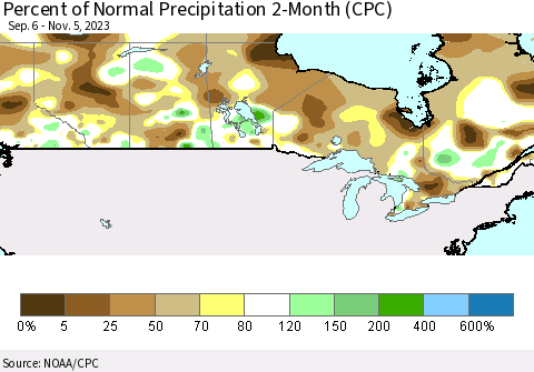 Canada Percent of Normal Precipitation 2-Month (CPC) Thematic Map For 9/6/2023 - 11/5/2023