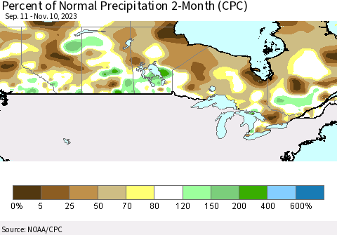 Canada Percent of Normal Precipitation 2-Month (CPC) Thematic Map For 9/11/2023 - 11/10/2023