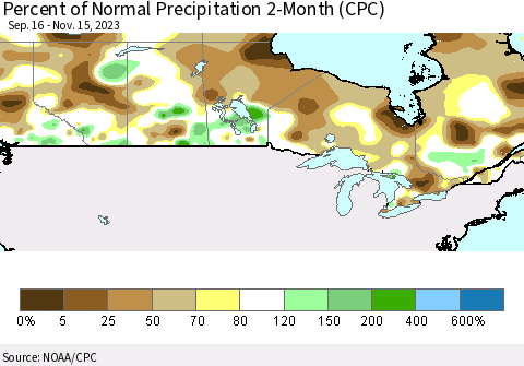 Canada Percent of Normal Precipitation 2-Month (CPC) Thematic Map For 9/16/2023 - 11/15/2023