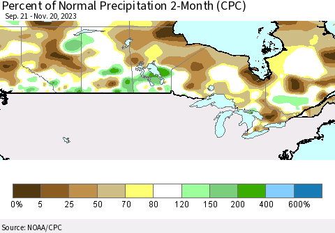 Canada Percent of Normal Precipitation 2-Month (CPC) Thematic Map For 9/21/2023 - 11/20/2023