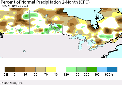 Canada Percent of Normal Precipitation 2-Month (CPC) Thematic Map For 9/26/2023 - 11/25/2023