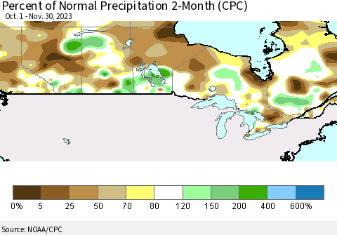 Canada Percent of Normal Precipitation 2-Month (CPC) Thematic Map For 10/1/2023 - 11/30/2023
