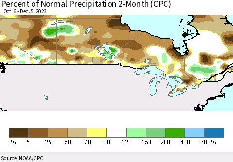 Canada Percent of Normal Precipitation 2-Month (CPC) Thematic Map For 10/6/2023 - 12/5/2023
