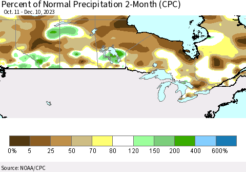 Canada Percent of Normal Precipitation 2-Month (CPC) Thematic Map For 10/11/2023 - 12/10/2023