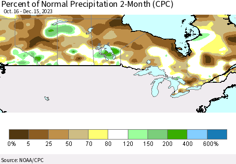 Canada Percent of Normal Precipitation 2-Month (CPC) Thematic Map For 10/16/2023 - 12/15/2023