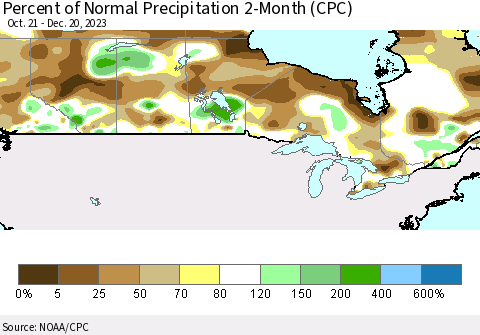 Canada Percent of Normal Precipitation 2-Month (CPC) Thematic Map For 10/21/2023 - 12/20/2023