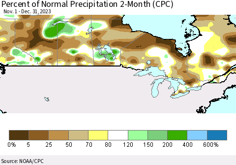 Canada Percent of Normal Precipitation 2-Month (CPC) Thematic Map For 11/1/2023 - 12/31/2023