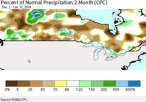 Canada Percent of Normal Precipitation 2-Month (CPC) Thematic Map For 12/1/2023 - 1/31/2024