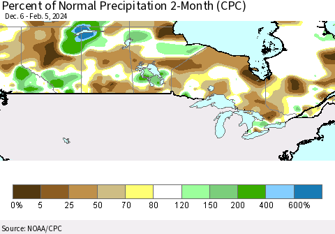 Canada Percent of Normal Precipitation 2-Month (CPC) Thematic Map For 12/6/2023 - 2/5/2024