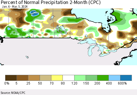 Canada Percent of Normal Precipitation 2-Month (CPC) Thematic Map For 1/6/2024 - 3/5/2024