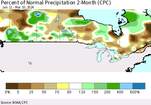 Canada Percent of Normal Precipitation 2-Month (CPC) Thematic Map For 1/11/2024 - 3/10/2024