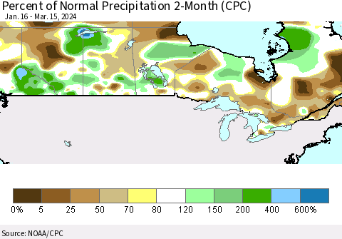 Canada Percent of Normal Precipitation 2-Month (CPC) Thematic Map For 1/16/2024 - 3/15/2024