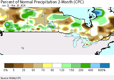 Canada Percent of Normal Precipitation 2-Month (CPC) Thematic Map For 1/21/2024 - 3/20/2024