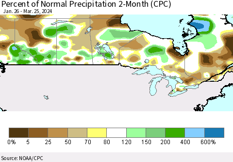 Canada Percent of Normal Precipitation 2-Month (CPC) Thematic Map For 1/26/2024 - 3/25/2024