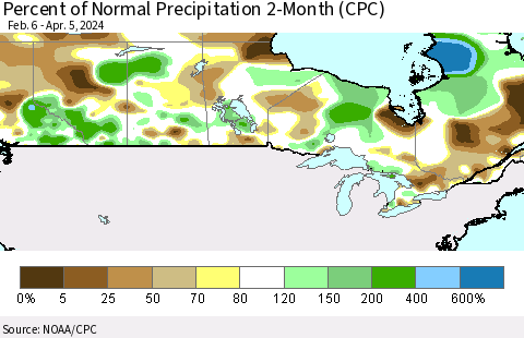 Canada Percent of Normal Precipitation 2-Month (CPC) Thematic Map For 2/6/2024 - 4/5/2024