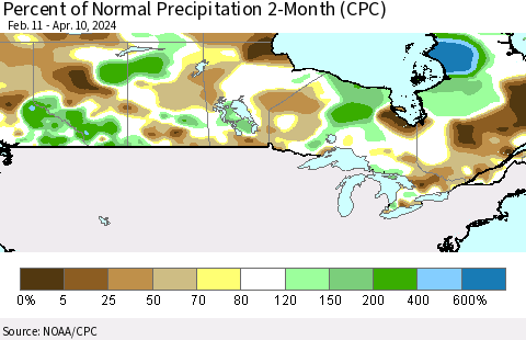 Canada Percent of Normal Precipitation 2-Month (CPC) Thematic Map For 2/11/2024 - 4/10/2024