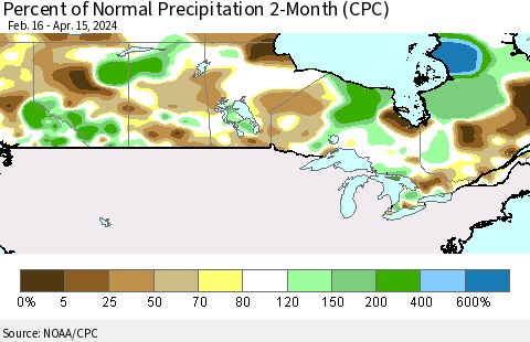 Canada Percent of Normal Precipitation 2-Month (CPC) Thematic Map For 2/16/2024 - 4/15/2024