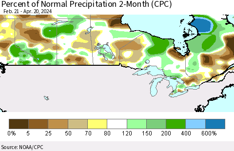 Canada Percent of Normal Precipitation 2-Month (CPC) Thematic Map For 2/21/2024 - 4/20/2024