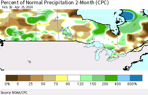Canada Percent of Normal Precipitation 2-Month (CPC) Thematic Map For 2/26/2024 - 4/25/2024