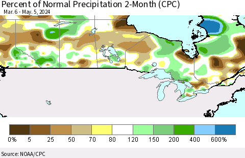 Canada Percent of Normal Precipitation 2-Month (CPC) Thematic Map For 3/6/2024 - 5/5/2024