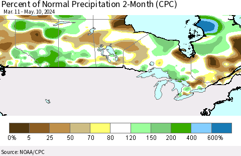 Canada Percent of Normal Precipitation 2-Month (CPC) Thematic Map For 3/11/2024 - 5/10/2024