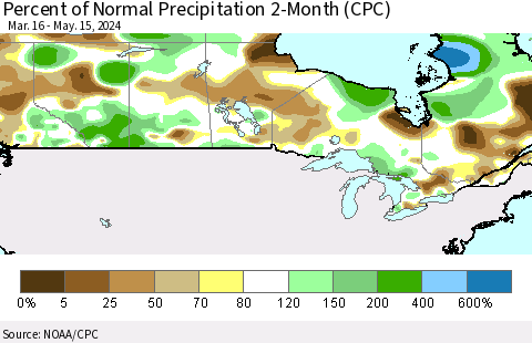 Canada Percent of Normal Precipitation 2-Month (CPC) Thematic Map For 3/16/2024 - 5/15/2024