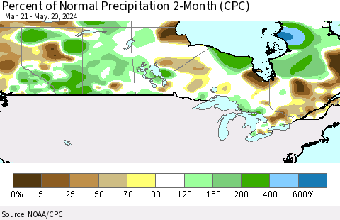Canada Percent of Normal Precipitation 2-Month (CPC) Thematic Map For 3/21/2024 - 5/20/2024