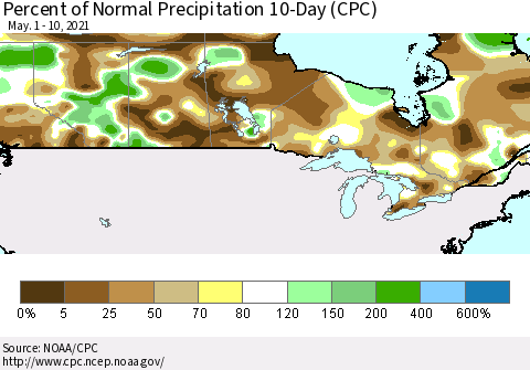Canada Percent of Normal Precipitation 10-Day (CPC) Thematic Map For 5/1/2021 - 5/10/2021