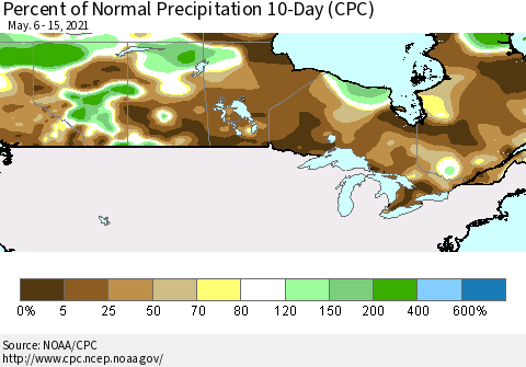 Canada Percent of Normal Precipitation 10-Day (CPC) Thematic Map For 5/6/2021 - 5/15/2021