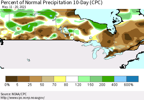 Canada Percent of Normal Precipitation 10-Day (CPC) Thematic Map For 5/11/2021 - 5/20/2021