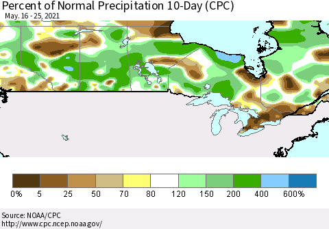Canada Percent of Normal Precipitation 10-Day (CPC) Thematic Map For 5/16/2021 - 5/25/2021