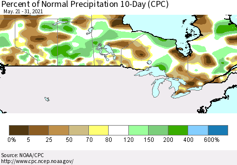 Canada Percent of Normal Precipitation 10-Day (CPC) Thematic Map For 5/21/2021 - 5/31/2021
