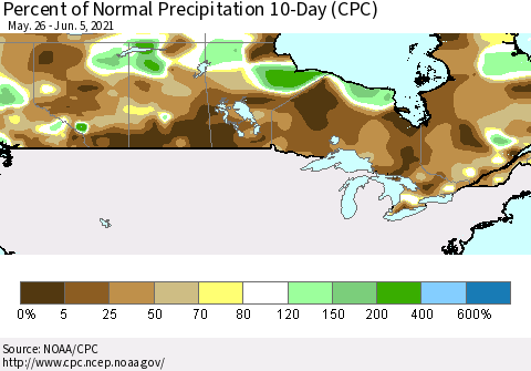 Canada Percent of Normal Precipitation 10-Day (CPC) Thematic Map For 5/26/2021 - 6/5/2021