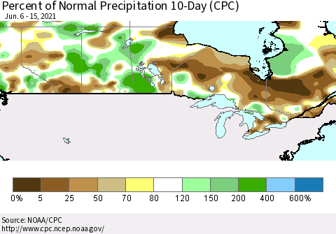 Canada Percent of Normal Precipitation 10-Day (CPC) Thematic Map For 6/6/2021 - 6/15/2021