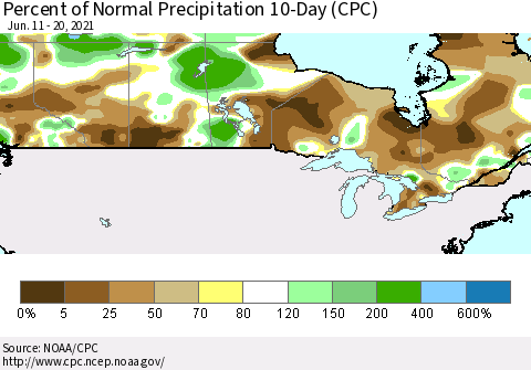 Canada Percent of Normal Precipitation 10-Day (CPC) Thematic Map For 6/11/2021 - 6/20/2021