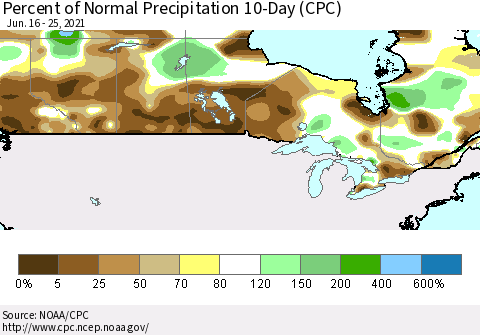 Canada Percent of Normal Precipitation 10-Day (CPC) Thematic Map For 6/16/2021 - 6/25/2021