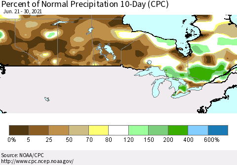 Canada Percent of Normal Precipitation 10-Day (CPC) Thematic Map For 6/21/2021 - 6/30/2021