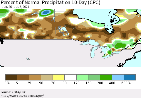 Canada Percent of Normal Precipitation 10-Day (CPC) Thematic Map For 6/26/2021 - 7/5/2021