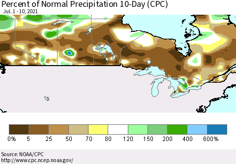 Canada Percent of Normal Precipitation 10-Day (CPC) Thematic Map For 7/1/2021 - 7/10/2021