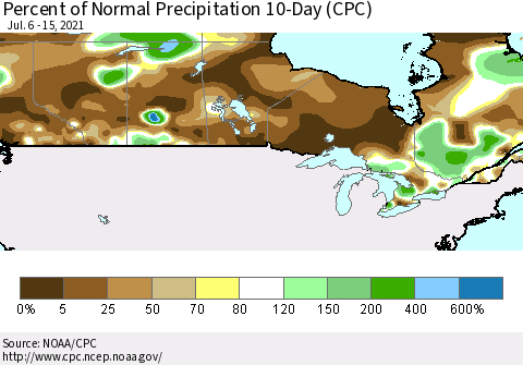 Canada Percent of Normal Precipitation 10-Day (CPC) Thematic Map For 7/6/2021 - 7/15/2021