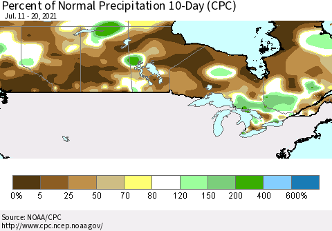 Canada Percent of Normal Precipitation 10-Day (CPC) Thematic Map For 7/11/2021 - 7/20/2021