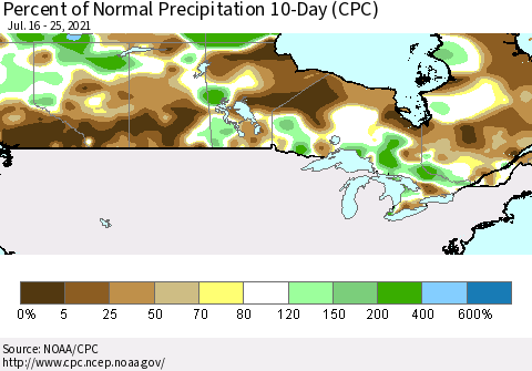 Canada Percent of Normal Precipitation 10-Day (CPC) Thematic Map For 7/16/2021 - 7/25/2021