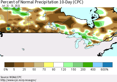 Canada Percent of Normal Precipitation 10-Day (CPC) Thematic Map For 7/21/2021 - 7/31/2021
