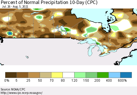 Canada Percent of Normal Precipitation 10-Day (CPC) Thematic Map For 7/26/2021 - 8/5/2021