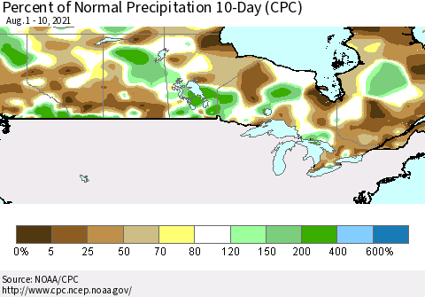 Canada Percent of Normal Precipitation 10-Day (CPC) Thematic Map For 8/1/2021 - 8/10/2021