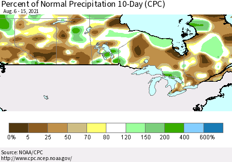 Canada Percent of Normal Precipitation 10-Day (CPC) Thematic Map For 8/6/2021 - 8/15/2021