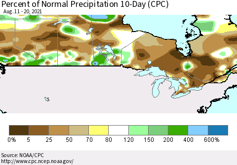 Canada Percent of Normal Precipitation 10-Day (CPC) Thematic Map For 8/11/2021 - 8/20/2021