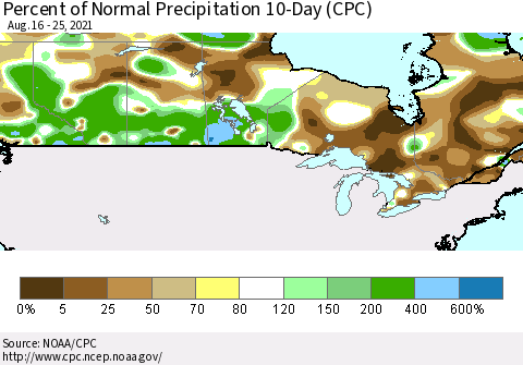 Canada Percent of Normal Precipitation 10-Day (CPC) Thematic Map For 8/16/2021 - 8/25/2021