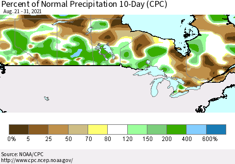 Canada Percent of Normal Precipitation 10-Day (CPC) Thematic Map For 8/21/2021 - 8/31/2021