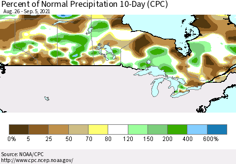 Canada Percent of Normal Precipitation 10-Day (CPC) Thematic Map For 8/26/2021 - 9/5/2021